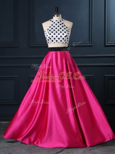 Two Pieces Hoco Dress Hot Pink Scoop Satin Sleeveless Floor Length Lace Up