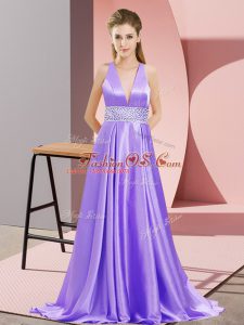 Lavender Empire Elastic Woven Satin V-neck Sleeveless Beading Backless Evening Dress Brush Train