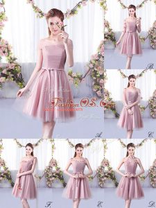 Sleeveless Tulle Knee Length Lace Up Dama Dress in Pink with Belt