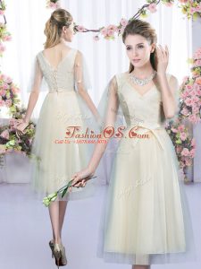 Best Selling Champagne Tulle Lace Up Quinceanera Court Dresses Sleeveless Tea Length Lace and Bowknot