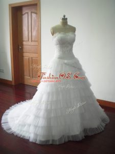 Hot Sale Tulle Sweetheart Sleeveless Brush Train Lace Up Beading and Ruffled Layers Wedding Dresses in White