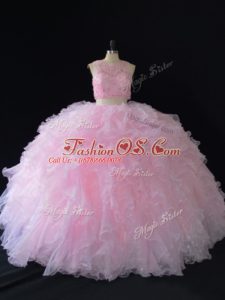 Clearance Floor Length Baby Pink 15th Birthday Dress Organza Sleeveless Beading