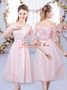 Tulle Off The Shoulder Half Sleeves Lace Up Lace and Belt Dama Dress for Quinceanera in Baby Pink