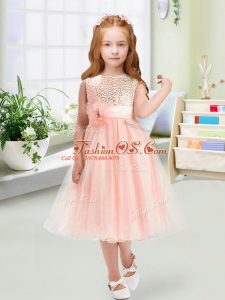 Sleeveless Tea Length Sequins and Hand Made Flower Zipper Flower Girl Dress with Baby Pink