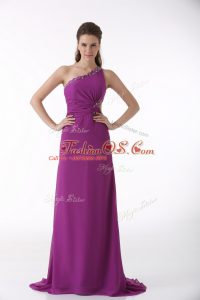 Customized Sleeveless Beading and Ruching Backless Mother Of The Bride Dress with Fuchsia Brush Train