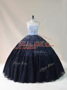 Customized Floor Length Black Quinceanera Gowns Strapless Sleeveless Lace Up