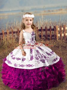 Embroidery and Ruffles Little Girls Pageant Dress Wholesale Fuchsia Lace Up Sleeveless Floor Length