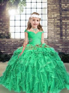 Pretty Turquoise Straps Neckline Beading and Ruffles Little Girls Pageant Dress Wholesale Long Sleeves Lace Up
