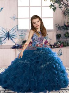 Scoop Sleeveless Organza Girls Pageant Dresses Beading and Ruffles Lace Up