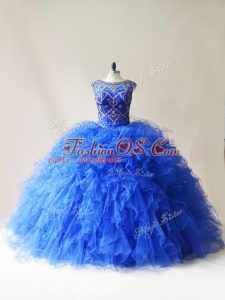 Low Price Royal Blue Scoop Neckline Beading and Ruffles 15th Birthday Dress Sleeveless Lace Up