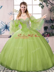 Olive Green Lace Up Quinceanera Gowns Beading Long Sleeves Floor Length