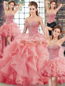 Beautiful Watermelon Red Sweetheart Neckline Beading and Ruffles Sweet 16 Quinceanera Dress Sleeveless Lace Up