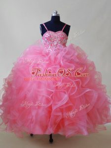 Pink Spaghetti Straps Neckline Beading and Ruffles Little Girls Pageant Dress Wholesale Sleeveless Lace Up