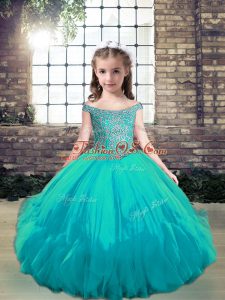 Floor Length Ball Gowns Sleeveless Aqua Blue Kids Pageant Dress Lace Up
