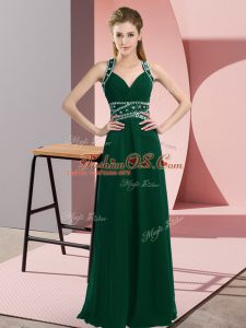 Discount Dark Green Chiffon Backless Straps Sleeveless Floor Length Prom Dresses Beading