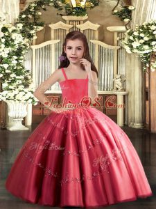 Coral Red Sleeveless Floor Length Beading Lace Up Little Girls Pageant Dress