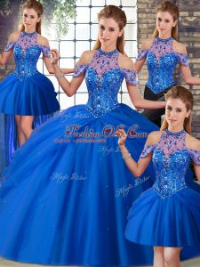 Fine Brush Train Ball Gowns Quinceanera Gown Blue Halter Top Tulle Sleeveless Lace Up