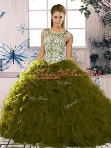 Shining Sleeveless Floor Length Beading and Ruffles Lace Up Sweet 16 Dresses with Olive Green