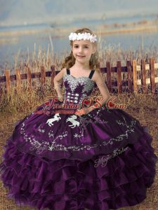 Most Popular Straps Sleeveless Girls Pageant Dresses Floor Length Embroidery and Ruffled Layers Dark Purple Organza