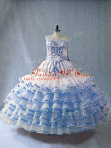 Great Blue And White Organza Lace Up Sweetheart Sleeveless Floor Length Quinceanera Gown Embroidery and Ruffled Layers