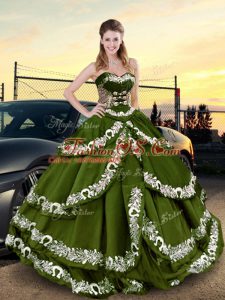 Vintage Sweetheart Sleeveless Quinceanera Dress Floor Length Embroidery and Ruffled Layers Olive Green Taffeta