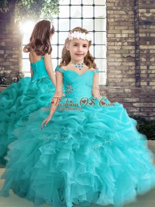 Aqua Blue Sleeveless Organza Side Zipper Kids Pageant Dress for Party and Wedding Party