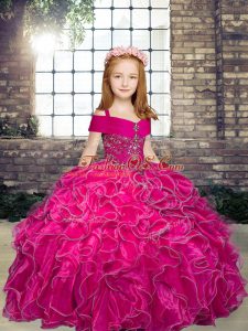 Floor Length Fuchsia Child Pageant Dress Organza Sleeveless Beading and Ruffles