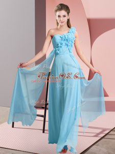 Fitting Aqua Blue Chiffon Lace Up One Shoulder Sleeveless Floor Length Quinceanera Court of Honor Dress Hand Made Flower