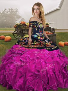 Elegant Fuchsia Ball Gowns Organza Off The Shoulder Sleeveless Embroidery and Ruffles Floor Length Lace Up Sweet 16 Dresses