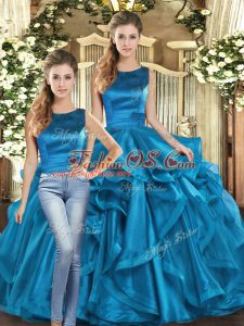 Custom Fit Scoop Sleeveless Lace Up Quinceanera Gown Teal Organza