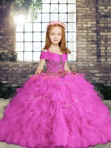 Tulle Straps Sleeveless Lace Up Beading and Ruffles Little Girl Pageant Dress in Lilac