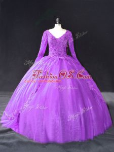 Purple Ball Gowns V-neck Long Sleeves Tulle Floor Length Lace Up Lace and Appliques Quinceanera Gown