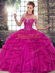 Discount Halter Top Sleeveless Sweet 16 Quinceanera Dress Floor Length Beading and Ruffles Fuchsia Tulle