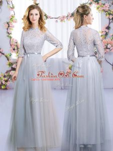Empire Wedding Party Dress Grey High-neck Tulle Half Sleeves Floor Length Zipper