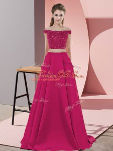 Latest Hot Pink Backless Off The Shoulder Beading Prom Dresses Elastic Woven Satin Sleeveless Sweep Train