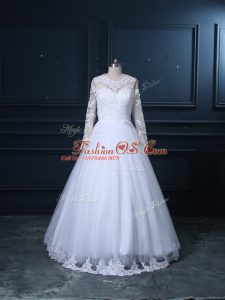 Low Price White Lace Up Wedding Gown Lace Long Sleeves Brush Train