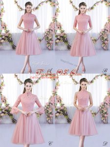 Affordable Tea Length Pink Quinceanera Court Dresses Tulle Cap Sleeves Lace