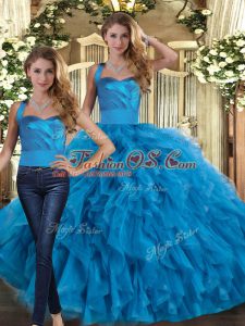 Sweet Blue Two Pieces Tulle Halter Top Sleeveless Ruffles Floor Length Lace Up Sweet 16 Dresses