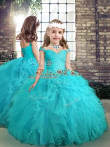 Aqua Blue Lace Up Child Pageant Dress Beading and Ruffles Sleeveless Floor Length