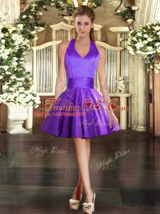 Purple Lace Up Halter Top Appliques Prom Dress Tulle Sleeveless