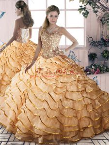 Exceptional Gold Ball Gowns Sweetheart Sleeveless Organza Brush Train Lace Up Beading and Ruffled Layers Ball Gown Prom Dress