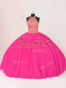 Classical Floor Length Lace Up 15 Quinceanera Dress Hot Pink for Sweet 16 and Quinceanera with Beading and Appliques