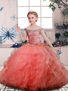 Peach Off The Shoulder Lace Up Beading and Ruffles Kids Formal Wear Sleeveless