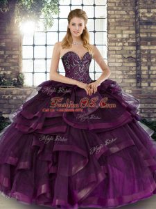 Edgy Floor Length Dark Purple Sweet 16 Dresses Tulle Sleeveless Beading and Ruffles