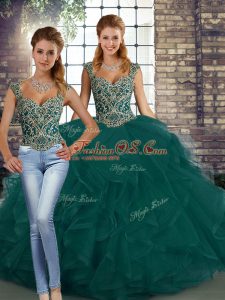 Enchanting Peacock Green Tulle Lace Up Sweet 16 Quinceanera Dress Sleeveless Floor Length Beading and Ruffles
