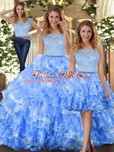Flirting Light Blue Three Pieces Organza Scoop Sleeveless Lace and Ruffled Layers Floor Length Zipper Quinceanera Dresses