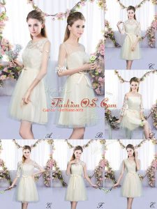 Custom Fit Sleeveless Mini Length Lace and Bowknot Lace Up Wedding Party Dress with Champagne