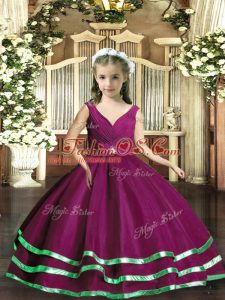 Custom Designed Organza V-neck Sleeveless Backless Beading and Ruching Pageant Dress for Girls in Purple