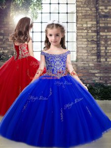Royal Blue Lace Up Off The Shoulder Beading and Appliques Little Girls Pageant Dress Wholesale Tulle Sleeveless