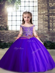 Purple Tulle Lace Up Off The Shoulder Sleeveless Floor Length Pageant Dress for Teens Beading